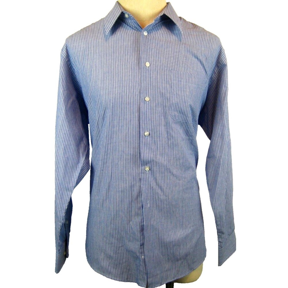 Mens Savile Row Blue Striped Cotton Blend LS Dress Shirt sz 16.5-34/35